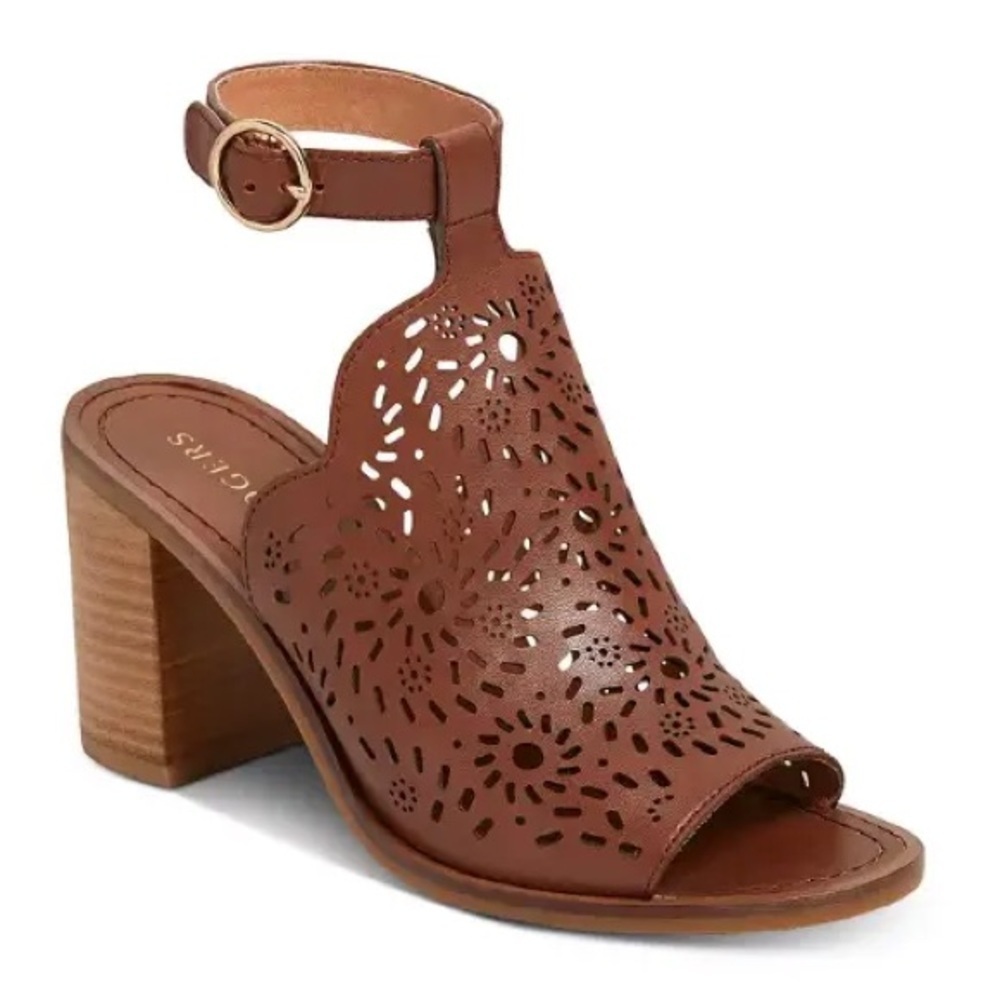 Jack Rogers Ronnie Laser Cut Ankle Strap Chunky Block Heel Sandals Brown 7.5